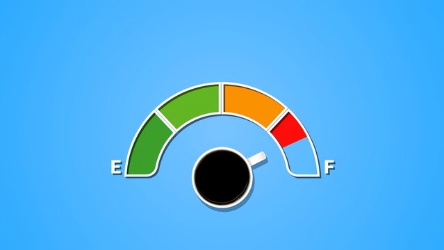 Color scale of fuel indicator, showing fuel level with cup black coffee at blue background. Coffee creative idea background. Loading status bar. Modern Web icon. Graphic style with cup coffee.