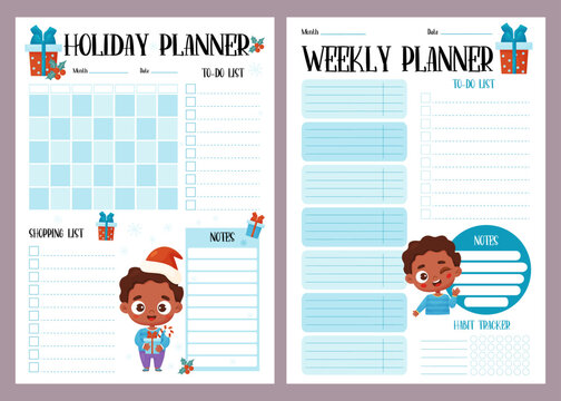 Holiday male planner set. Organizer, month calendar, weekly plan, to-do, shopping list, habit tracker and notes with black ethnic boy. Vector vertical template for New Year, Christmas, festive design.