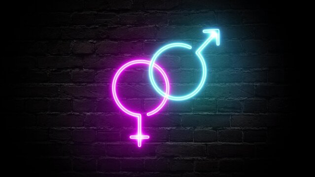 Neon glowing sign with male and female symbol on black brick wall. Computer graphics of electric luminous billboard, banner from blue pink neon tubes. Neon sign shiny for sexshop, nightclub.