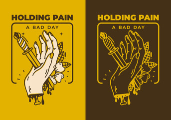 Vintage art illustration of a dagger stabbing hand