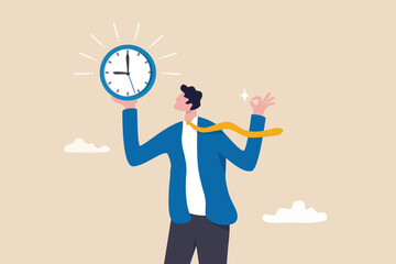 Punctuality, being on time for appointment or schedule, finish work within deadline or timing, meeting reminder or time management concept, punctual businessman holding clock with precise timing.