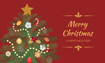 Merry Christmas Happy New Year composition pine fir tree cone candy cane decoration bauble ball star ornaments and chain light.