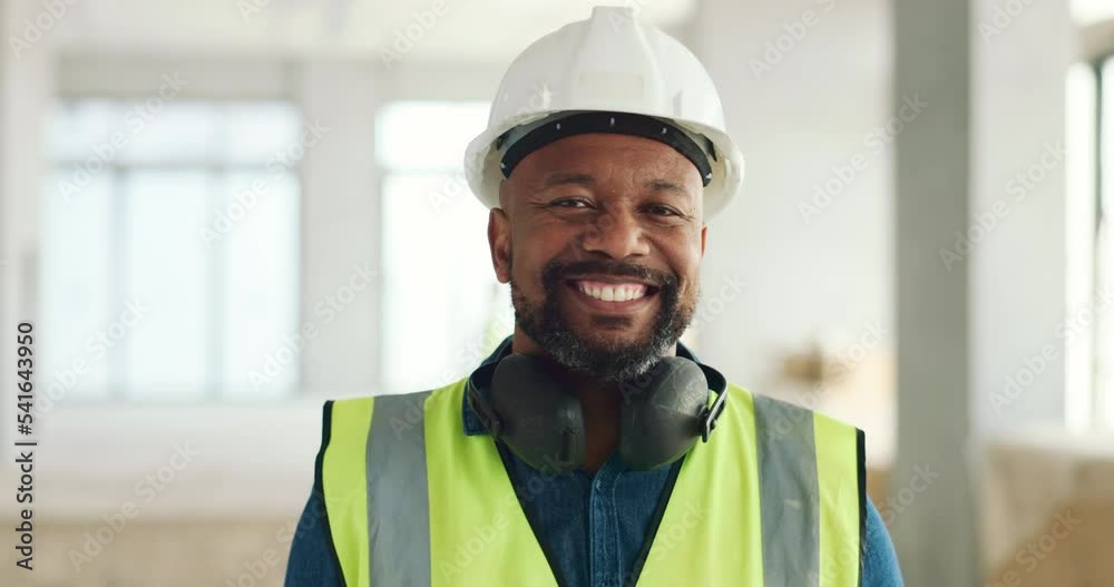 Poster portrait, smile and construction worker working, building and doing engineering on home. face of an 