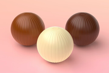 White, milk and dark chocolate balls on pink background