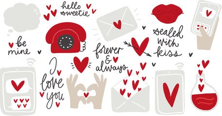Valentine's day love message clipart, sticker set with mobile phone texting, envelope, vintage telephone, lips images. I love you, forever and always, sealed with kiss, hello sweetie short quo