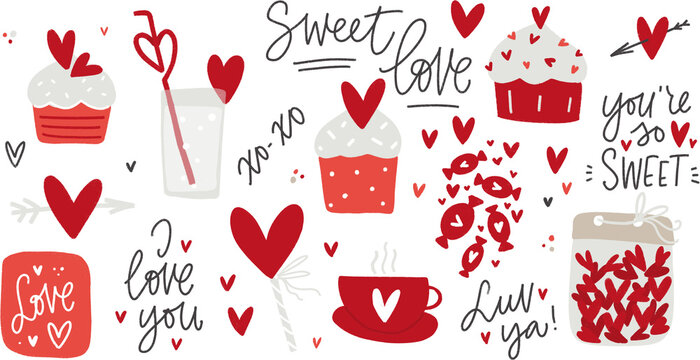 Sweet love Valentine's day clipart set with cupcake, drink, candy and heart trendy hand drawn style images and short quotes for planner decoration. 