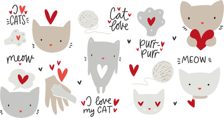 Set of cute baby cat isolated images for stickers or print onto clothes. Funny pet face and paw collection with hearts for Valentine's day. I love cats, purr, meow modern calligraphy phrases. 