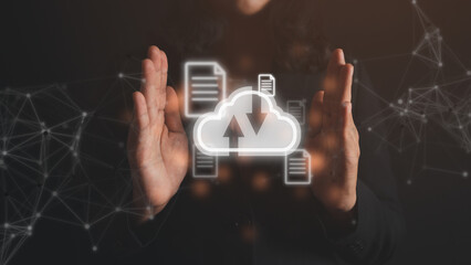 businesswoman hold virtual screen for data on cloud system, digital transformation management, internet of things, cloud computing, smart industry, data cloud system,Ai technology