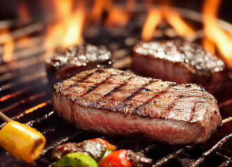 Barbecue beef steak on a grill with fire.