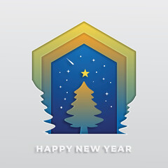 Happy New year. tree in the shape of polygonal colorful paper cut, Christmas decoration. Realistic 3d render metallic sign. Xmas Poster, banner, cover card, brochure flyer, layout design.
