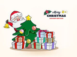 Christmas holiday decoration background santa claus man with gift box and Happy new year winter holiday.