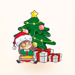 Cute cartoon doodle girl celebrating gifts in Merry Christmas and happy new year.