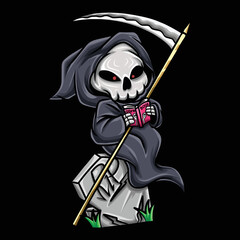 Grim Reaper Cartoon Reading Book of Death on the Tombstone