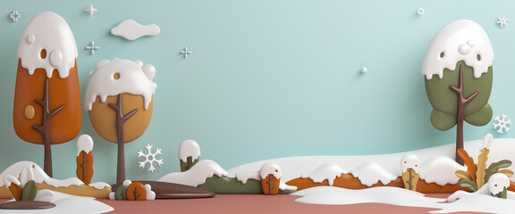 Winter landscape background with snow, trees cartoon style, 3d rendering illustration