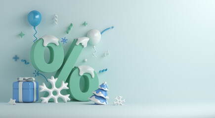 Winter sale decoration background with percent symbol, snowflakes, gift box, balloon, copy space text, 3D rendering illustration - obrazy, fototapety, plakaty