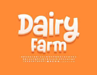 Fototapeta na wymiar Vector modern emblem Dairy Farm. Playful White 3D Font. Funny handwritten Alphabet Letters and Numbers set. 