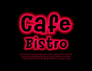 Vector modern banner Cafe Bistro. Red Neon Font. Glowing light Alphabet Letters and Numbers set