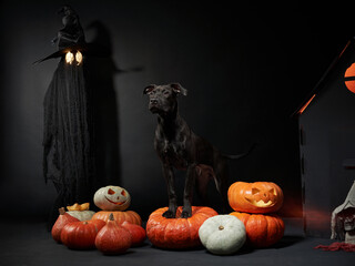 black dog on a black background. pit bull terrier with halloween decorations, pumpkins, witch