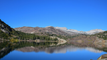 a lake with simetrical reflections and blue sky