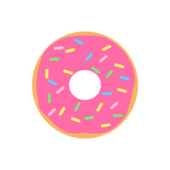 vector of donut with strawberry cream and rainbow sprinkles on top in flat design