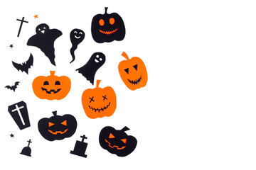 Happy halloween, pumpkin smile, ghost, bats, christian cross and grave make from black paper cut on white background, Decorative Halloween concept	