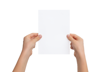 Blank A5 paper sheet in boy's hands. Flyer mockup. Isolated background