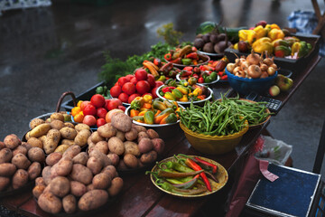 Vegetable market stall in the street market. Trade in seasonal goods at the street market