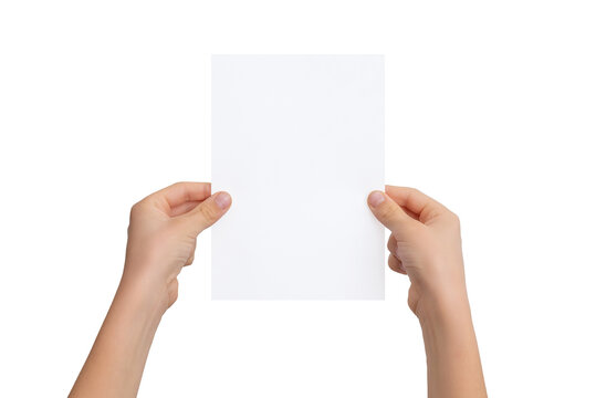 Blank A5 paper sheet in boy's hands. Flyer mockup. Isolated background
