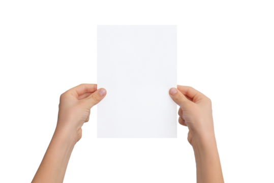 Blank A5 paper sheet in boy's hands. Flyer mockup. Isolated background