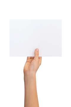 Hand holding blank flyer, sheet of paper in horizontal position with isolated background