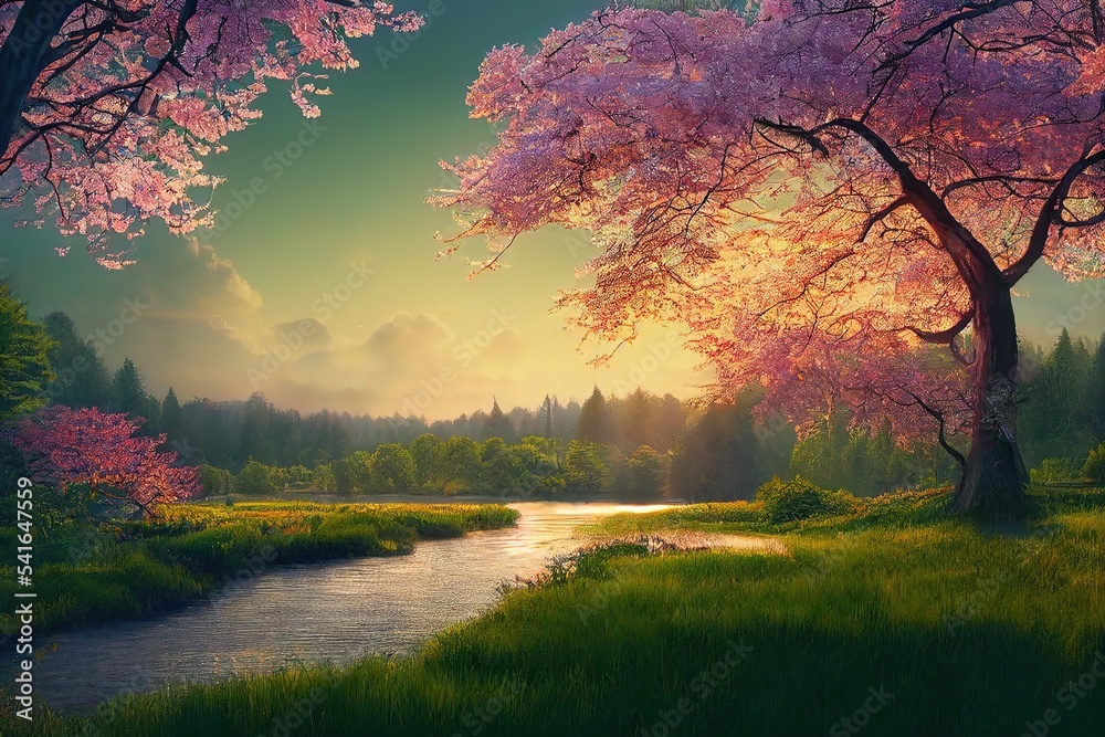 Poster Summer landscape with trees, green grass, a river and the sun on the horizon in the evening 3d illustration