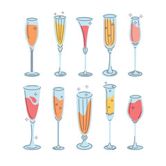 Vector set of glasses of different shapes for wine, champagne, red, bold red, white, sparkling wine isolated on a white background. Diversity of glasses icon set. Colorful vector flat illustration.