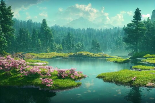 Summer landscape with trees and small river under sunlight and clear sky 3d illustration