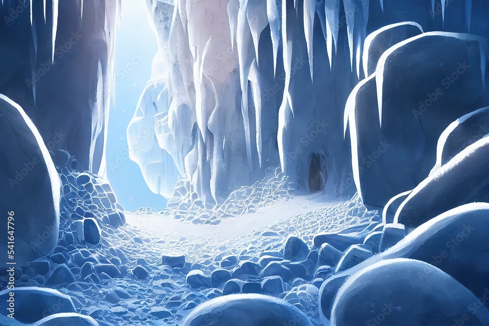 Poster cave in the mountain in the winter season with ice and snow on the rocks around 3d illustration