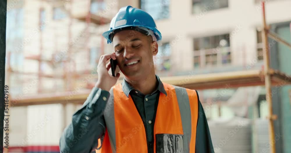 Poster Phone call, construction site and engineer man talking for architecture planning, building project and industrial development. Builder contractor or worker cellphone conversation for property update