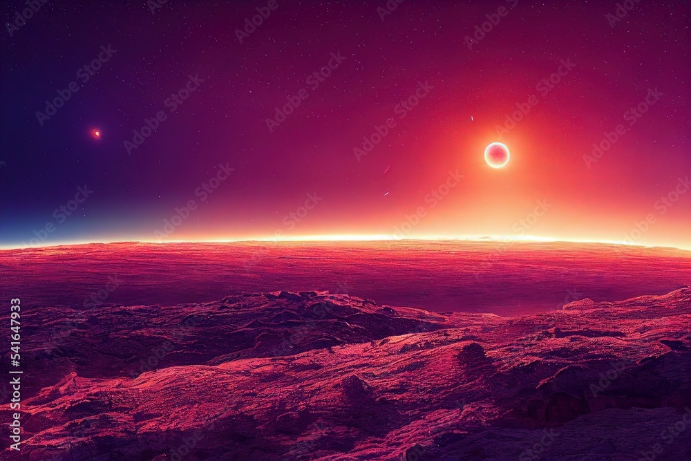 Poster fiery meteorite flies on an alien planet with a red desert and rocks 3d illustration