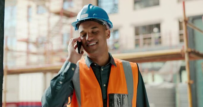 Phone call, construction site and engineer man talking for architecture planning, building project and industrial development. Builder contractor or worker cellphone conversation for property update