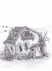Old crumbling house. Pencil drawing