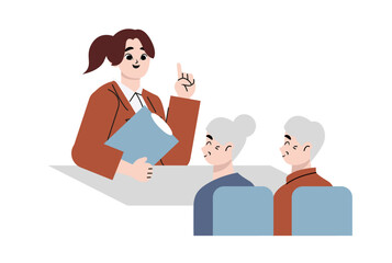 Illustration of a business woman explaining to a elderly couple. Flat vector illustration isolated on white background