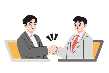 Two businessmen talk through laptop screens and shake hands. Online communication and business meeting, video communication technology and video call application concept