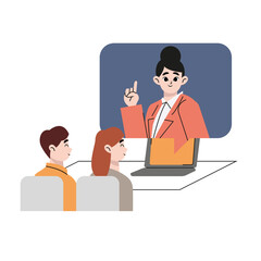 Illustration of a business woman explaining to a couple online. Flat vector illustration isolated on white background