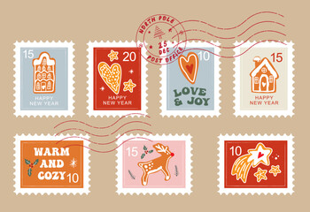 Hand drawn christmas postage stamp collection.