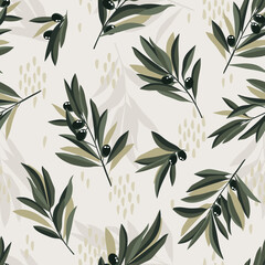 Olive seamless pattern. Hand drawn olive branch background. Old fashion olive decorative texture  for label, pack.