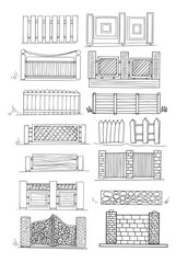
fence fencing garden set of different types of fences wooden stone metal forged with bars drawn by hand separately on a white background