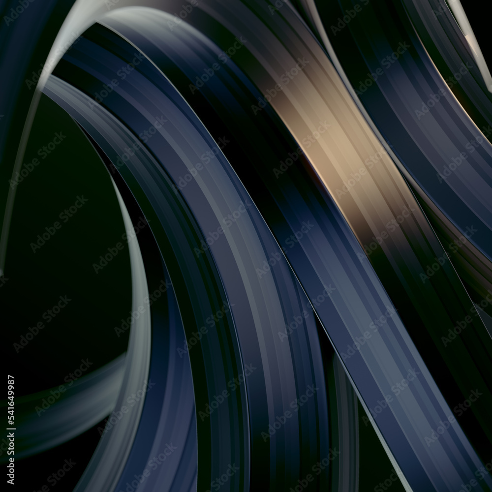 Poster Curved wavy dark background with shiny stripes. 3d rendering pattern. Digital illustration