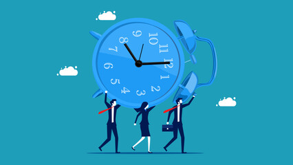 Team work time. A team of businessman holding a big watch. vector illustration eps