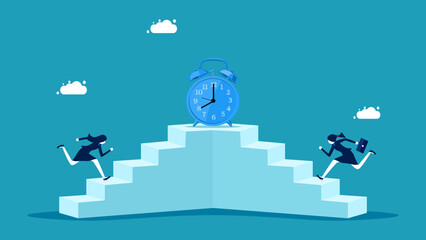 competition and time. Businesswoman running up the stairs for time vector