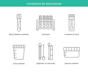 Containers for biomaterial a set of line icons in vector, illustrations of containers for blood and feces, urine and saliva, applicator in tube. - obrazy, fototapety, plakaty