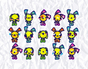 Naklejka premium Set of Rustic Rabbits with Emoticons. Doodle faces, eyes and mouth. Caricature comic expressive emotions, smiling, crying and surprised character face expressions