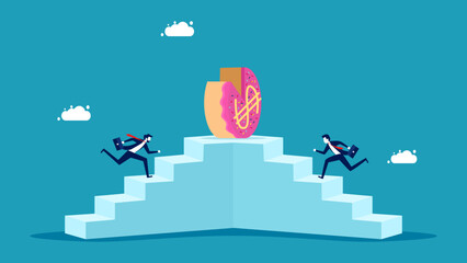 competitive incentives. businessman runs up the stairs to win a money cake vector